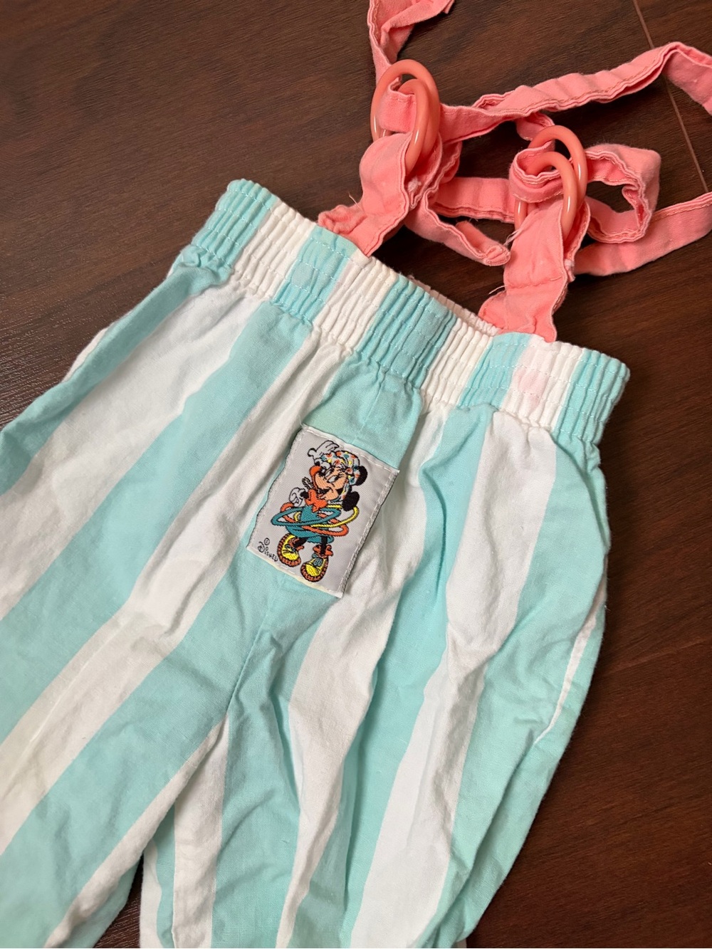 Vintage 80s Disney Mint & White Striped Overalls with Pink Suspenders